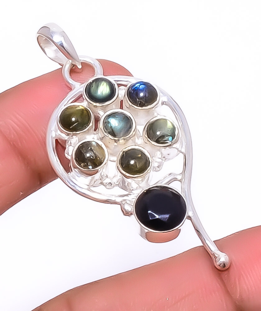Labradorite and Black Onyx 925 Sterling Silver Pendant 1.95 Inches A35