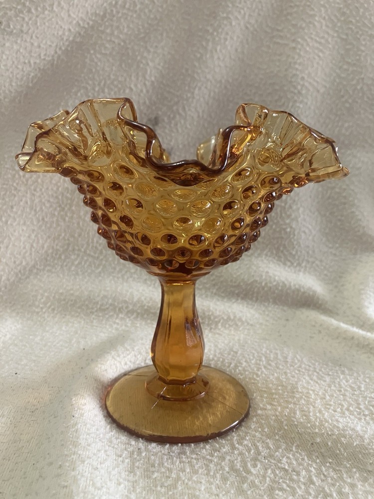 Vintage 1970s Fenton Art Glass Amber Ruffled Pedestal 6 Inch Compote