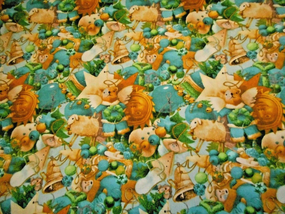Christmas Fabric By Half-Yard Blue Gold Ivory Green Ornaments Premium Cotton #31