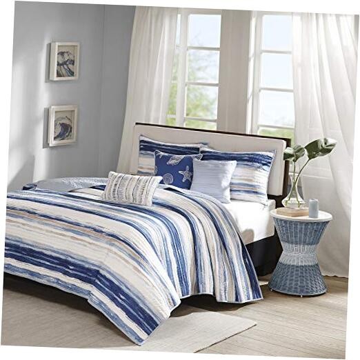 Coastal Blue White 6-Piece Cottage Quilt Set Full Queen 90x90  