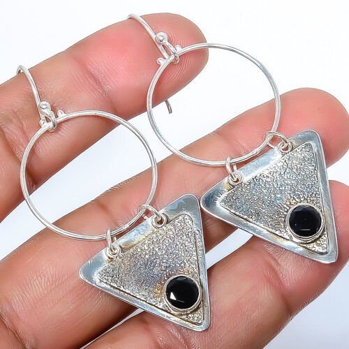 Black Onyx Sandpaper Textured 925 Sterling Silver Drop Earrings 2.42 Inch