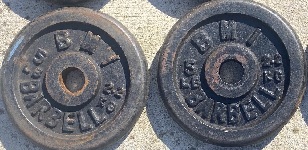 Two (2) 5 lb. each Vintage BMI Cast Iron Weight Plates . 1