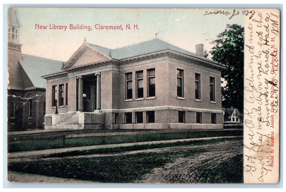 1909 New Library Building Claremont New Hampshire NH Josiah Gove Postcard