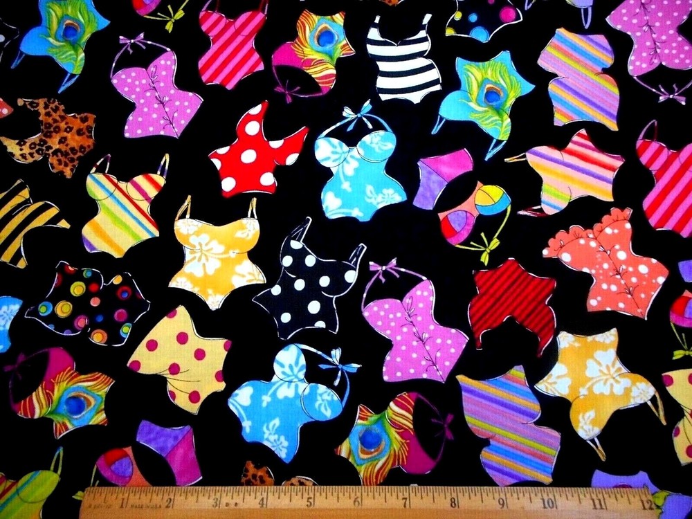 Cotton Fabric By Yard Loralie Designs Beauty Beach Asstd Swimsuits on Black Nov