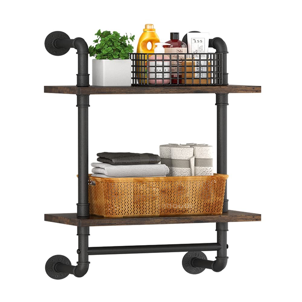 Industrial Pipe Floating Shelves with Towel Bar - 2-Tier Wall Mounted Bathroom Storage