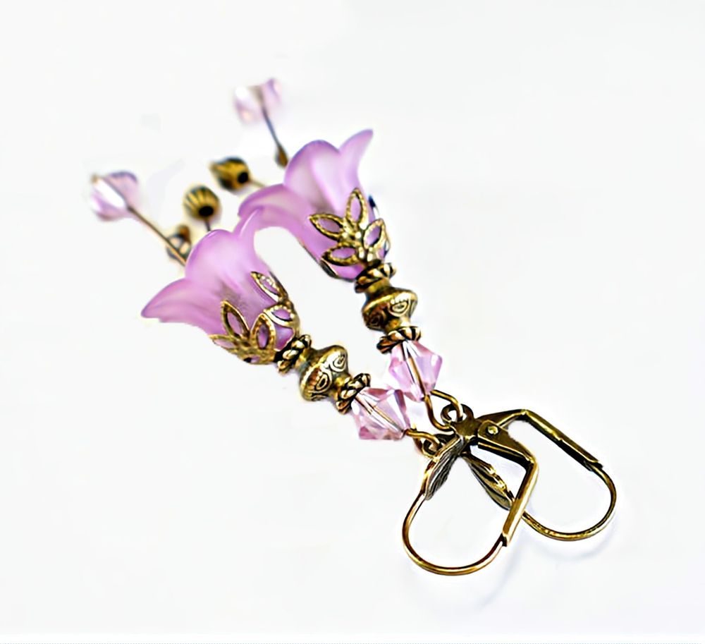 Vintage Victorian Style Lilac and Antique Bronze Bell Flower Lucite Earrings