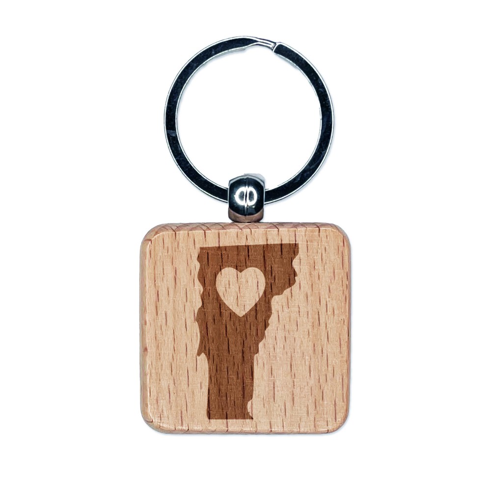 Vermont State with Heart Engraved Wood Square Keychain Tag Charm