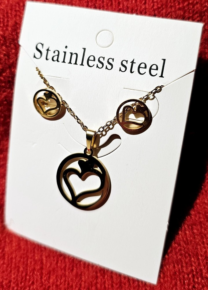 Gold Plated Stainless Steel Heart Pendant Necklace and Earrings Set