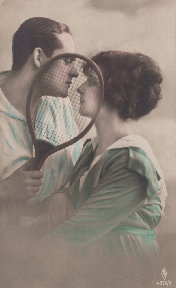 Man & Woman In Facing in Profile Tennis Racket Netting Postcard B&W Colorized