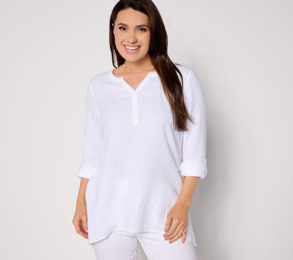 Susan Graver Women's Top Sz M PURE Cotton Gauze Split-Neck Tunic White A647443