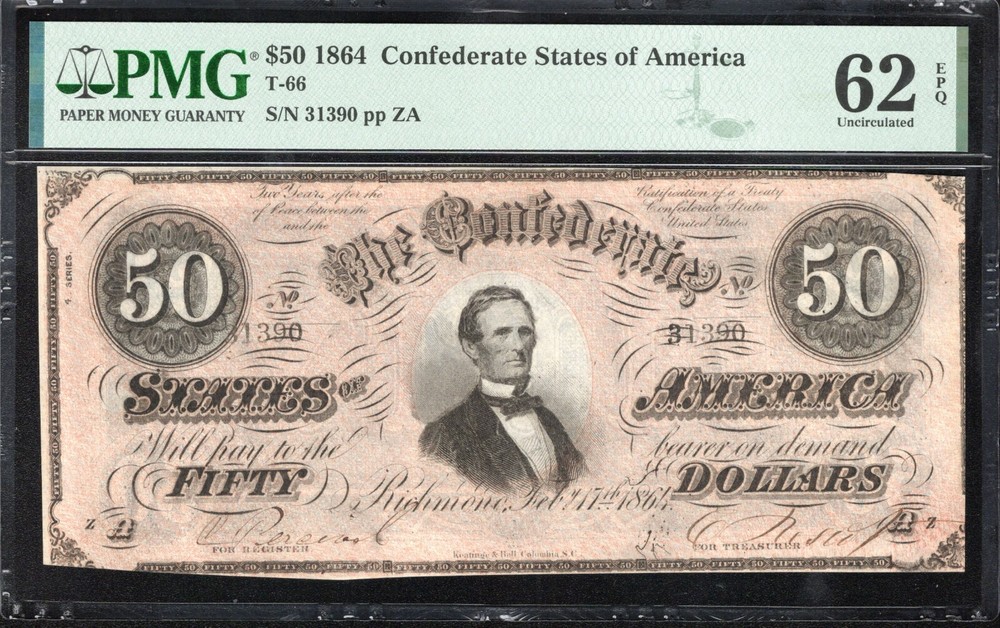 T-66 1864 $50 Confederate Currency PMG 62 EPQ Rare Civil War Note 31390