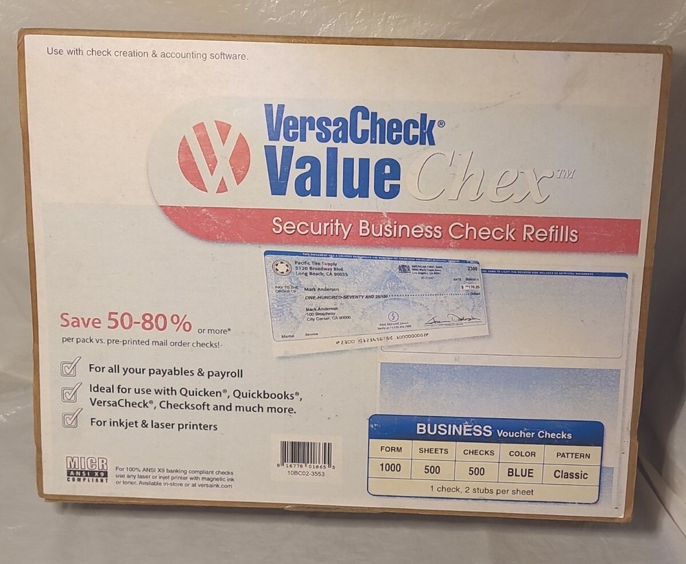 3- VersaCheck Security Business Check Refills Form #1000 Voucher Blue 1500 Ct-image