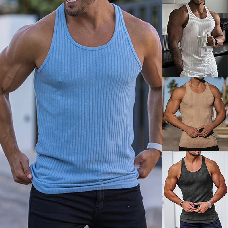 Mens Knit Gym Vest Racerback Bodybuilding Muscle Stringer Plain Tank Top Fitness