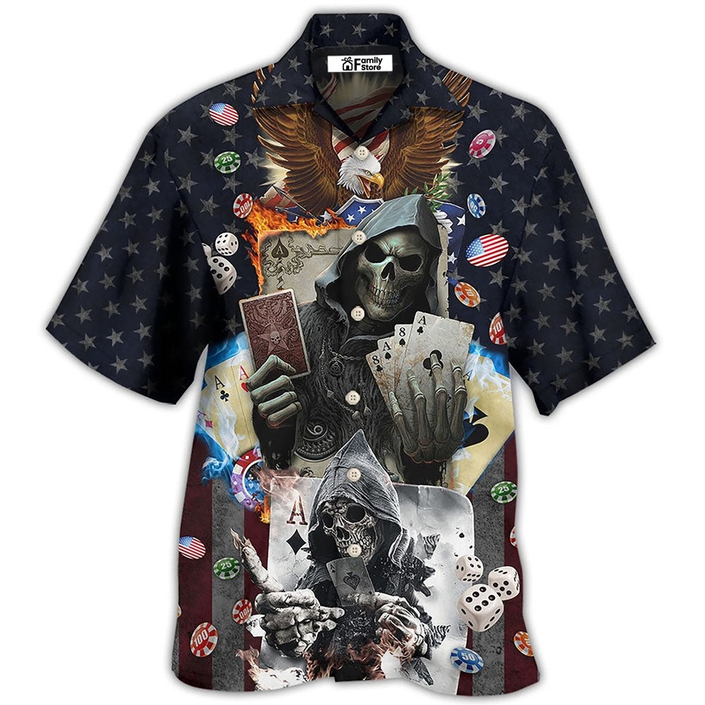 Poker Skull Flame US Flag Hawaiian Shirt for Independence Day