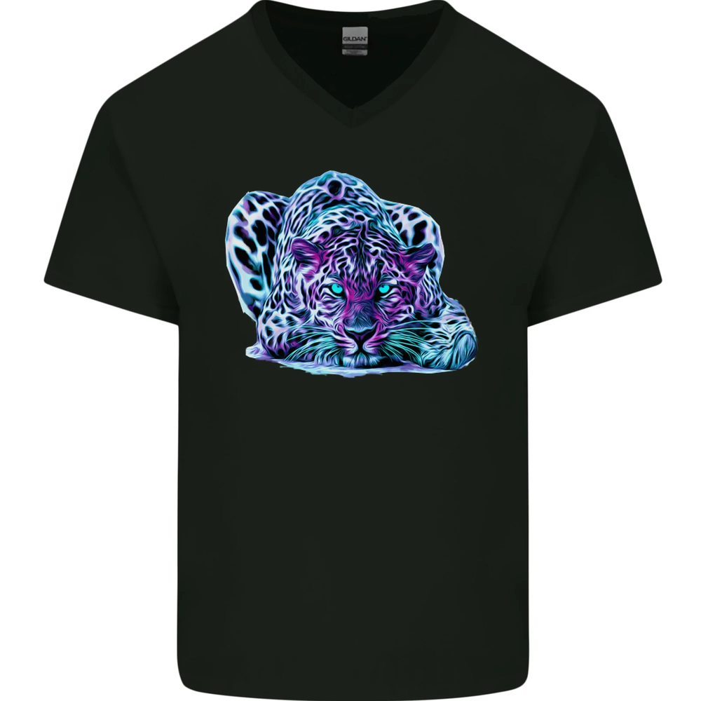 Colourful Leopard Wild Cat Panther Mens V-Neck Cotton T-Shirt