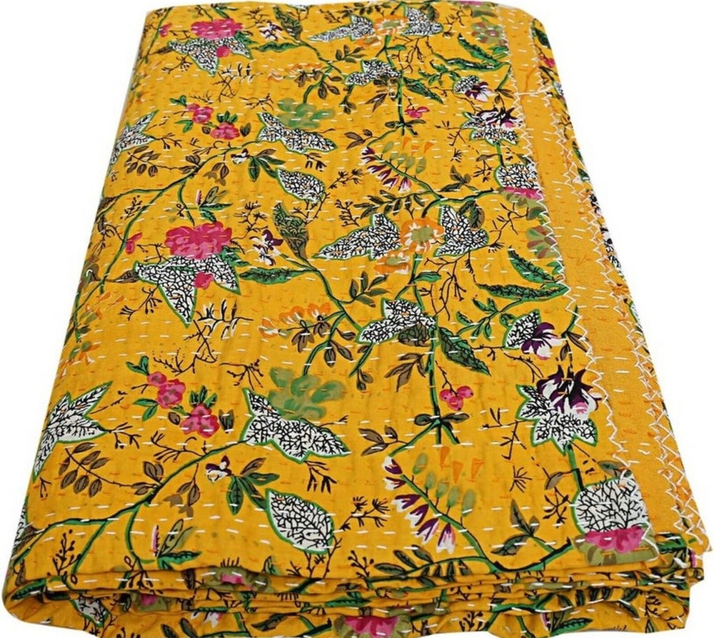 Indian Handmade Vintage Kantha Quilt Throw Kantha Double Bedspread Boho Floral