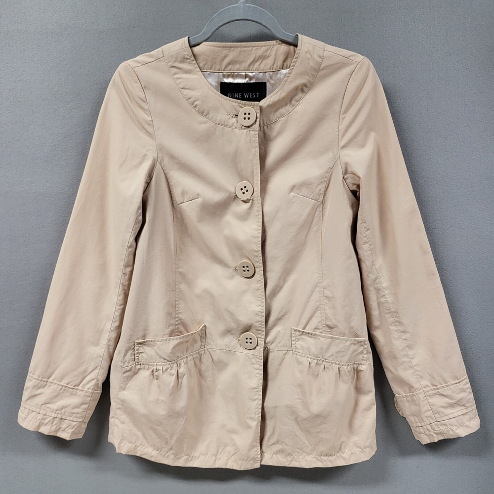 Nine West Womens Blazer  Jacket Medium Khaki Button Front Tulip Print Lining