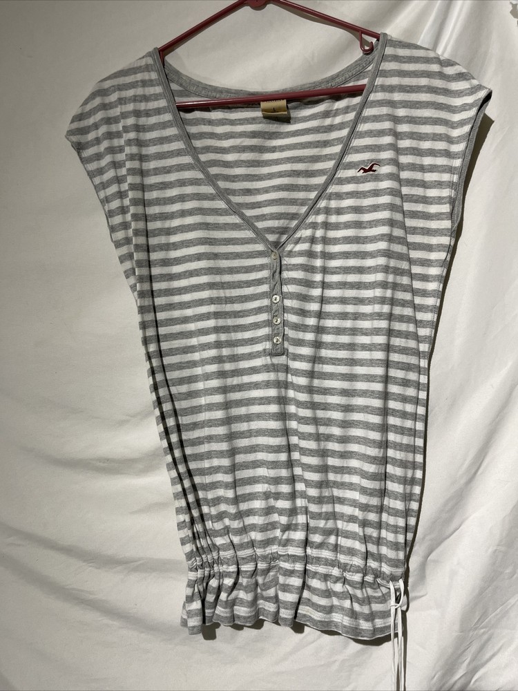 Hollister Womens Large Striped Button Sleeveless Stretchy Waistband Blouse Gray