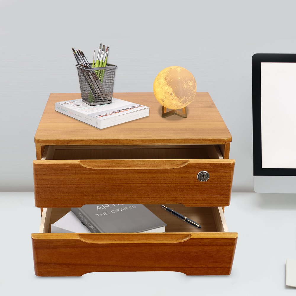 2 Tiers Desktop Storage Cabinet Wooden Tabletop Organizer Box Lockable w/Drawers