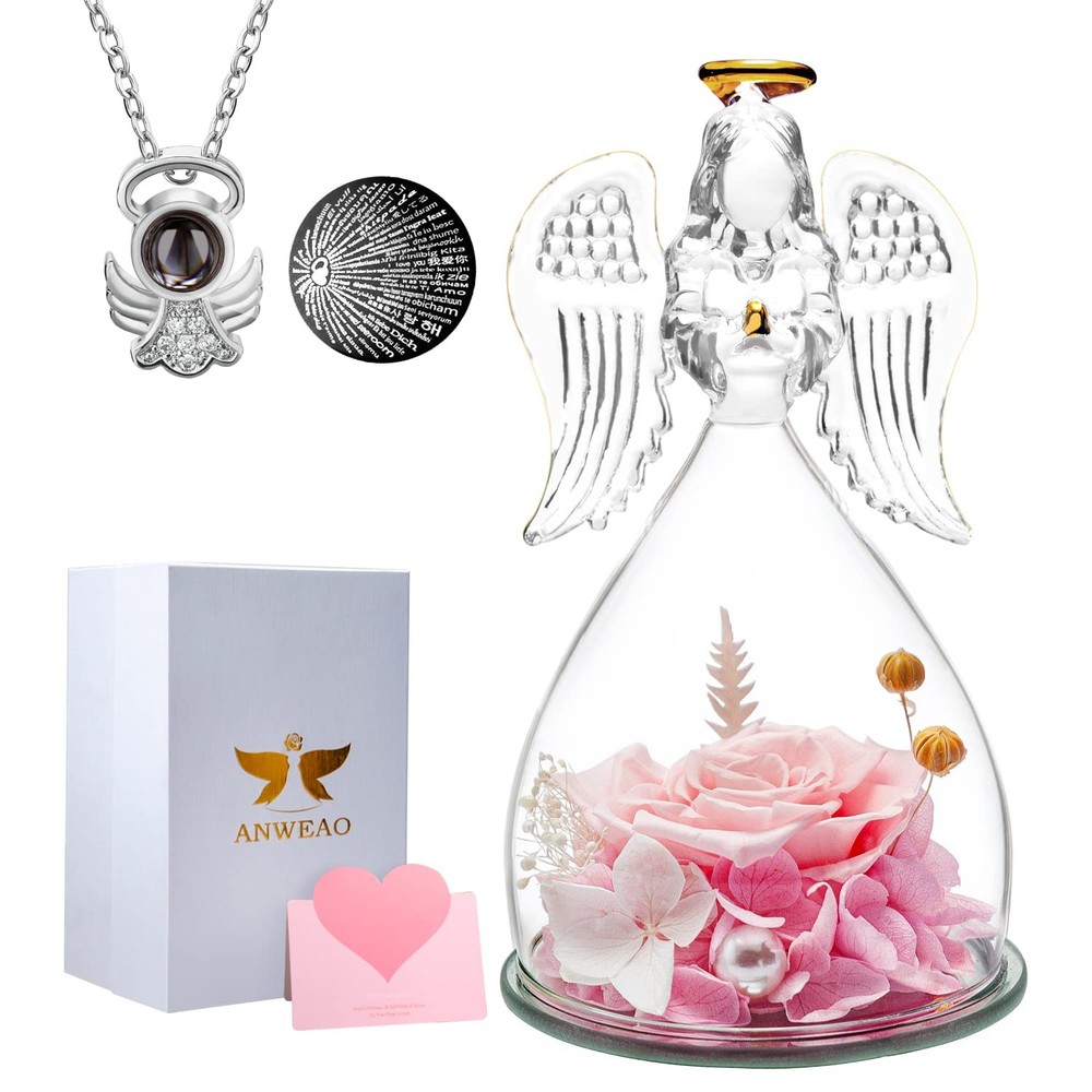 Valentines or Birthday Gift for Women and Mom - Preserved Real Rose with Angel