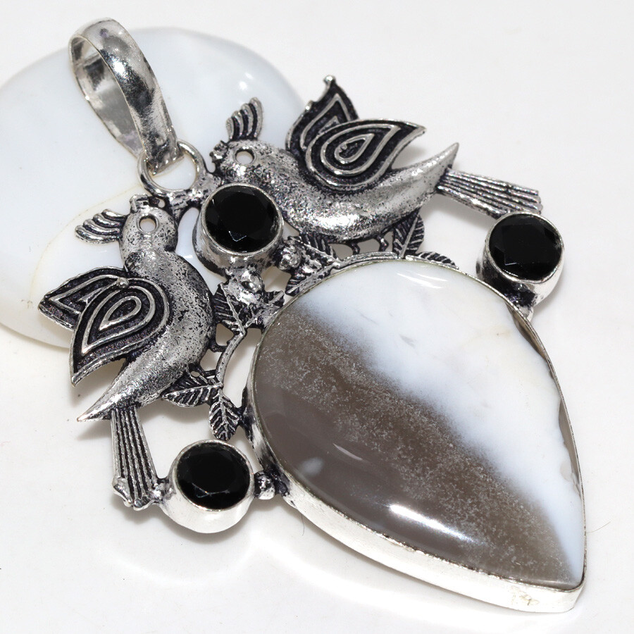 925 Silver Blue Opal Black Onyx Bird Pendant 2.5 Inch Jewelry Statement
