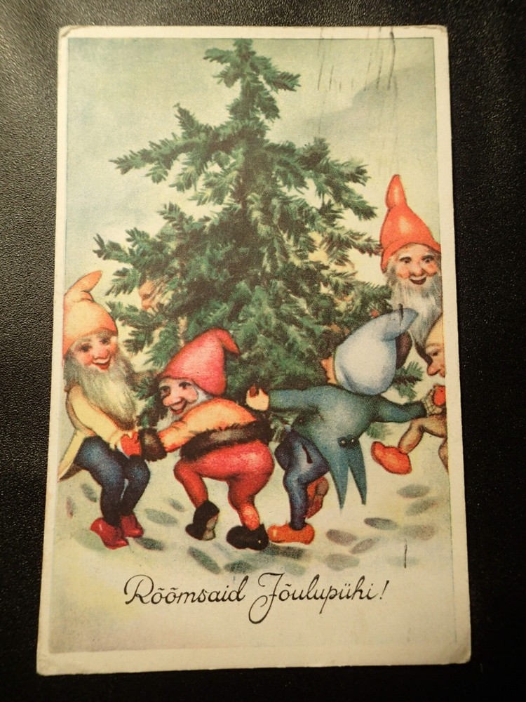 1939 GNOMES DANCING NEAR CHRISTMAS TREE VINTAGE  POSTCARD ESTONIA ESTONIAN