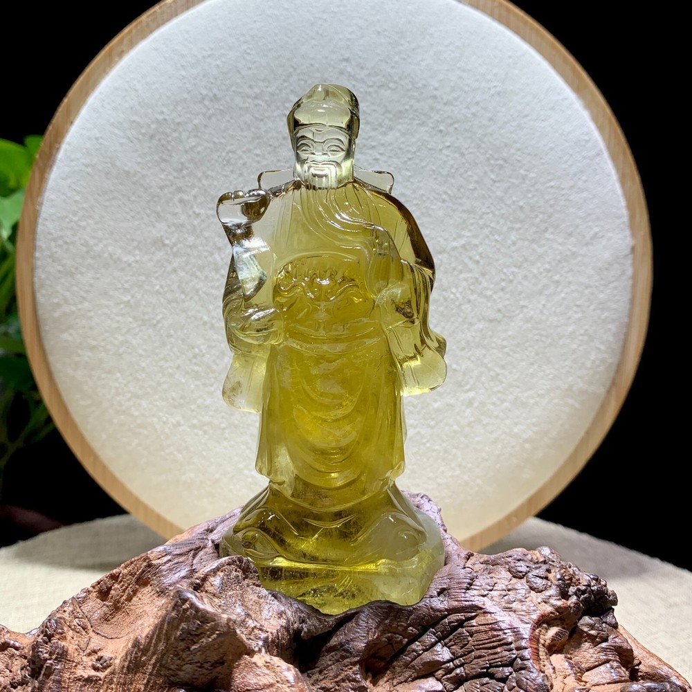460g Natural Citrine Quartz Carved Crystal Yellow Wealth God Ornament Stand