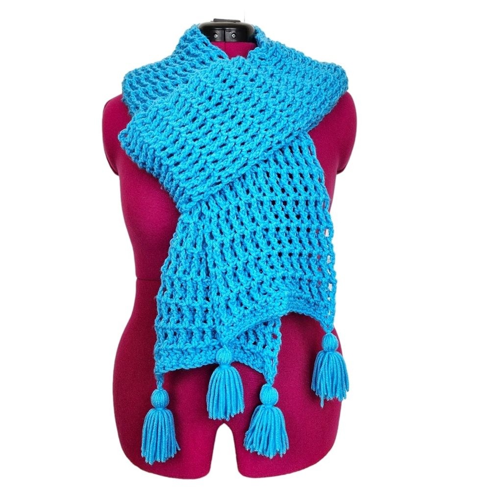 Handmade Light Blue Crochet Scarf with Waffle Stitch and Tassels