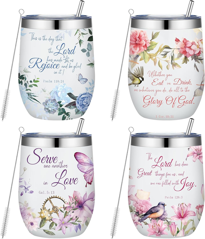4 Pcs Christian Gifts for Women 12 Oz Floral Stainless Steel Tumblers with Li...
