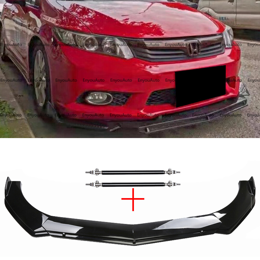 For Honda Civic SI Sedan Coupe Front Bumper Lip Spoiler + Strut Rods Gloss Black