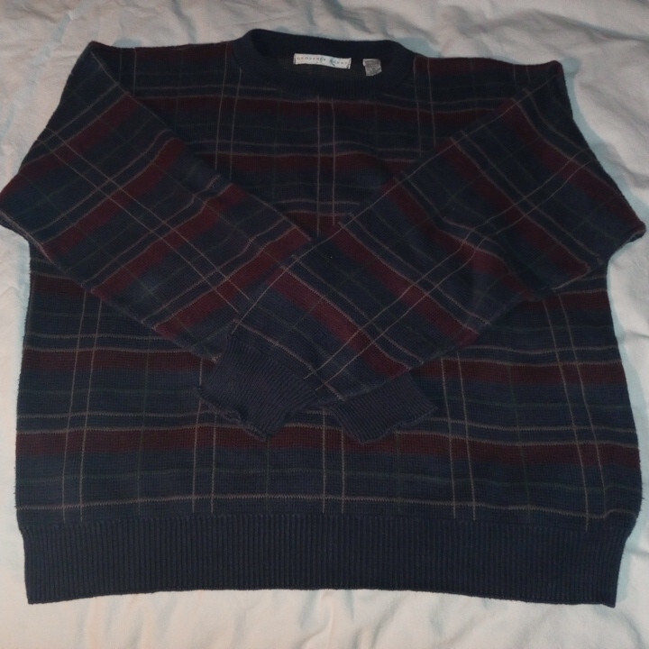 Geoffrey Beene Men XL Sweater Pullover Crewneck Knitted Striped Cotton Blue Red