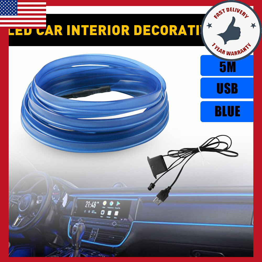 5M Blue Car Interior Atmosphere EL Wire Decor LED Light Strip w/ USB Driver EXS