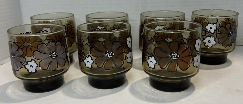 Libbey Camellia Daisy Tawny Brown Vintage 1970s Juice Glasses Set of 7