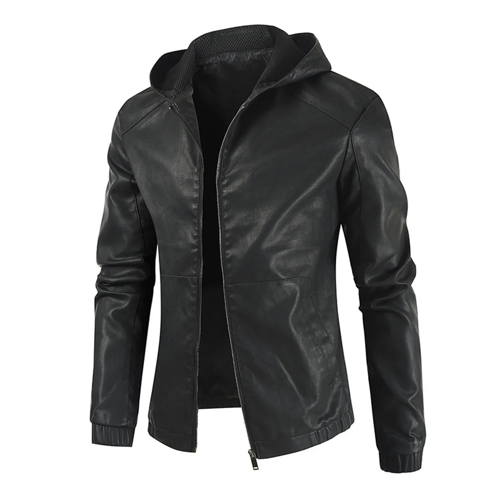Men's Slim Fit Motorcycle Hooded Faux Leather Jacket Coat Outwear