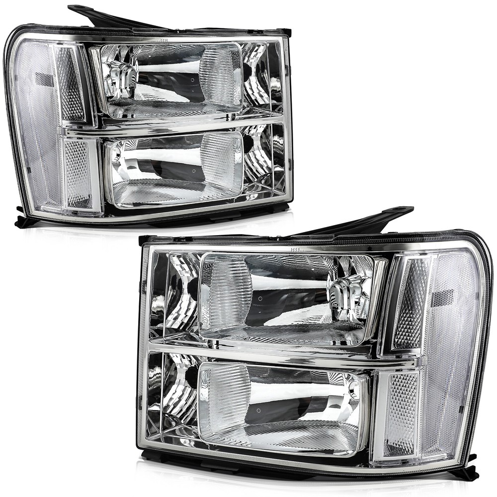 For GMC Sierra 2007-2014 Chrome Housing Headlight Assembly Headlamps LH RH Pair