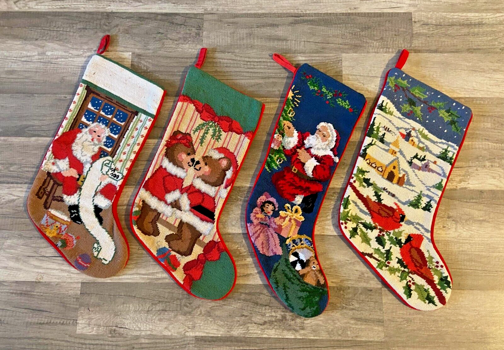 LOT of FOUR Needlepoint Santa Cardinal Teddy Bears LINED Christmas Stockings