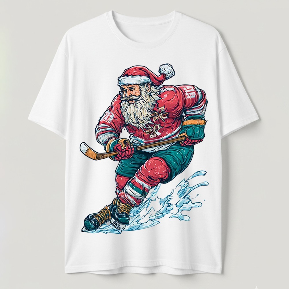 Santa Claus Playing Ice Hockey T-Shirt Funny Christmas Holiday Sports Tee S-5XL