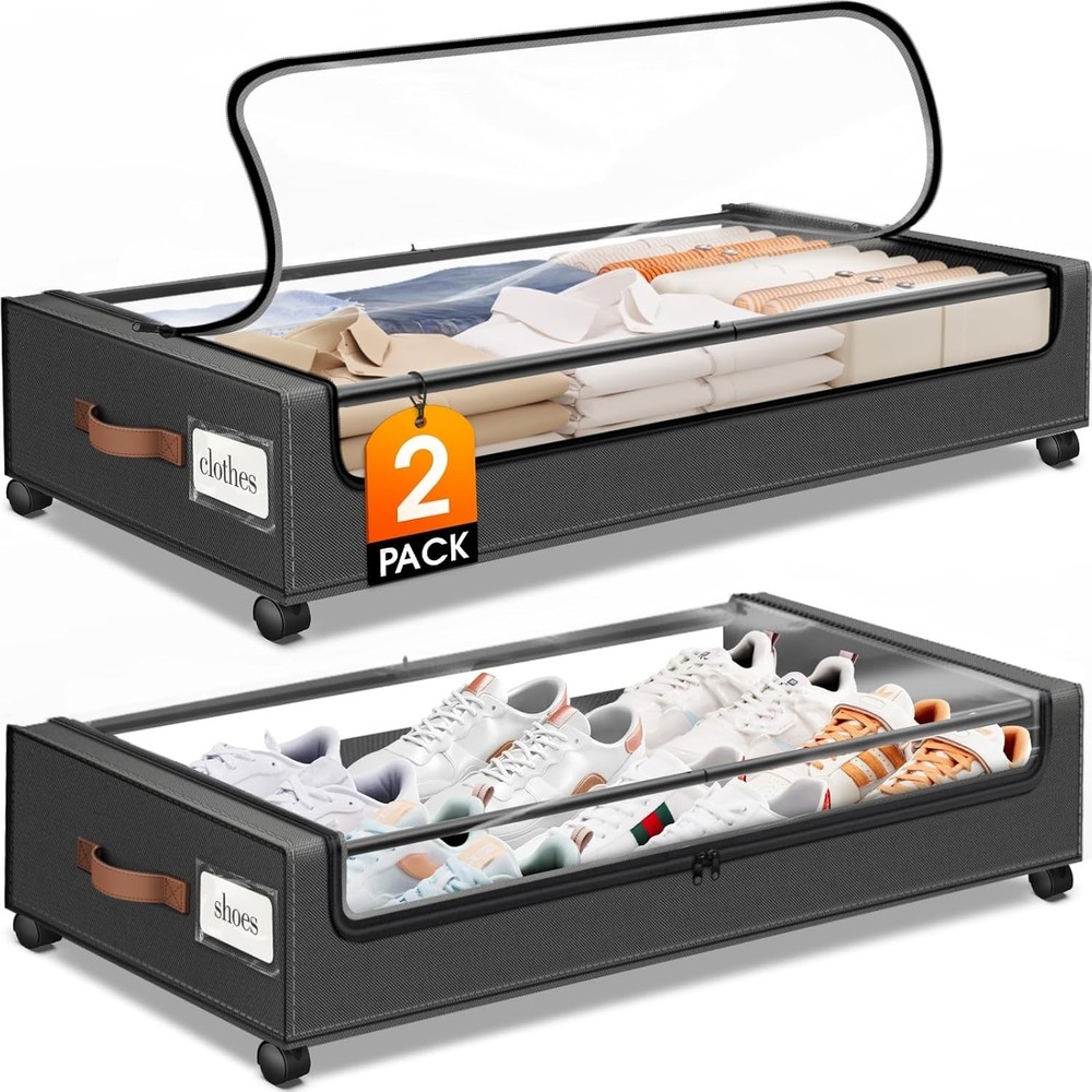 Under Bed Storage W/ Wheels 2Pack Storage Containers W/ Clear Window&Label Under