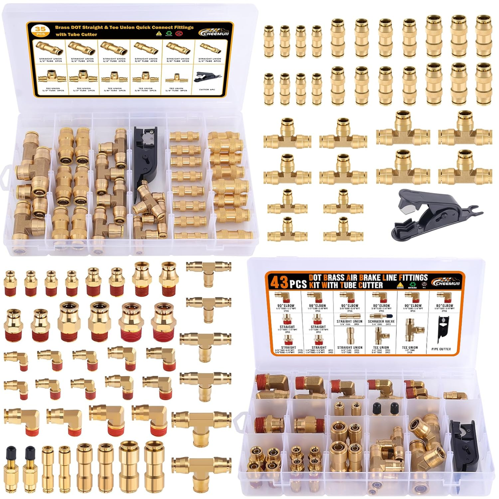 78 Pcs Brass DOT Air Line Fittings Kit Push Lock DOT Air Fittings 2-In-1 43+35 P