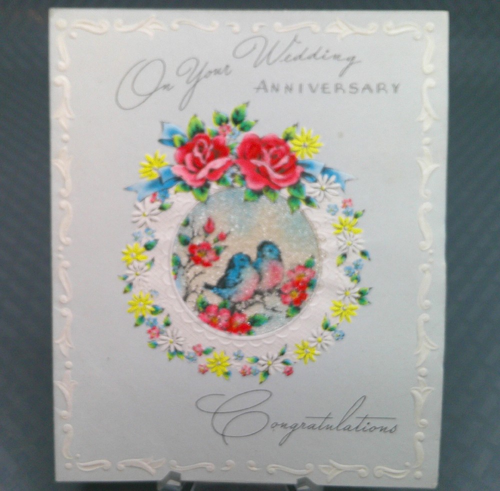 Vintage 1945 Wedding Anniversary Greeting Card Beaded Bluebirds Flower Wreath