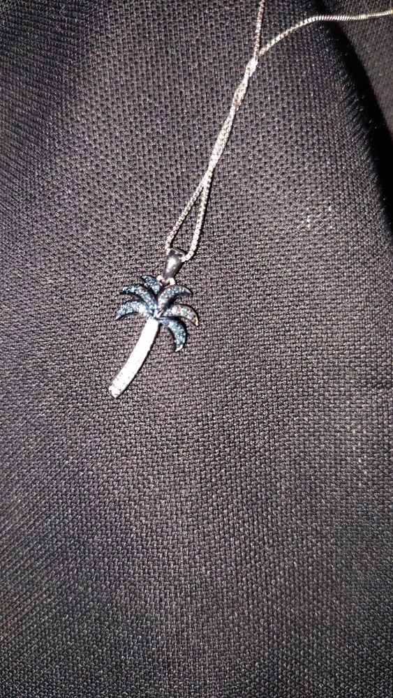 1/3Ct Round Cut Blue & White Diamond Palm Tree Pendant Necklace In 14K Gold