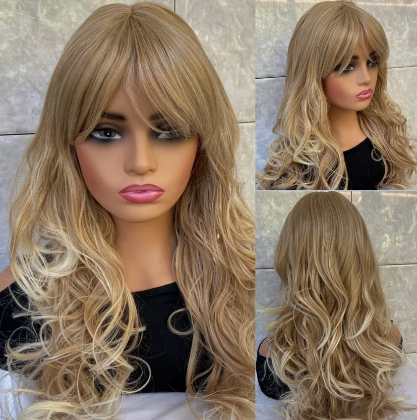 Long Wavy Blonde Lights Mix Synthetic Hair Wigs With Bangs Women Soft Natural