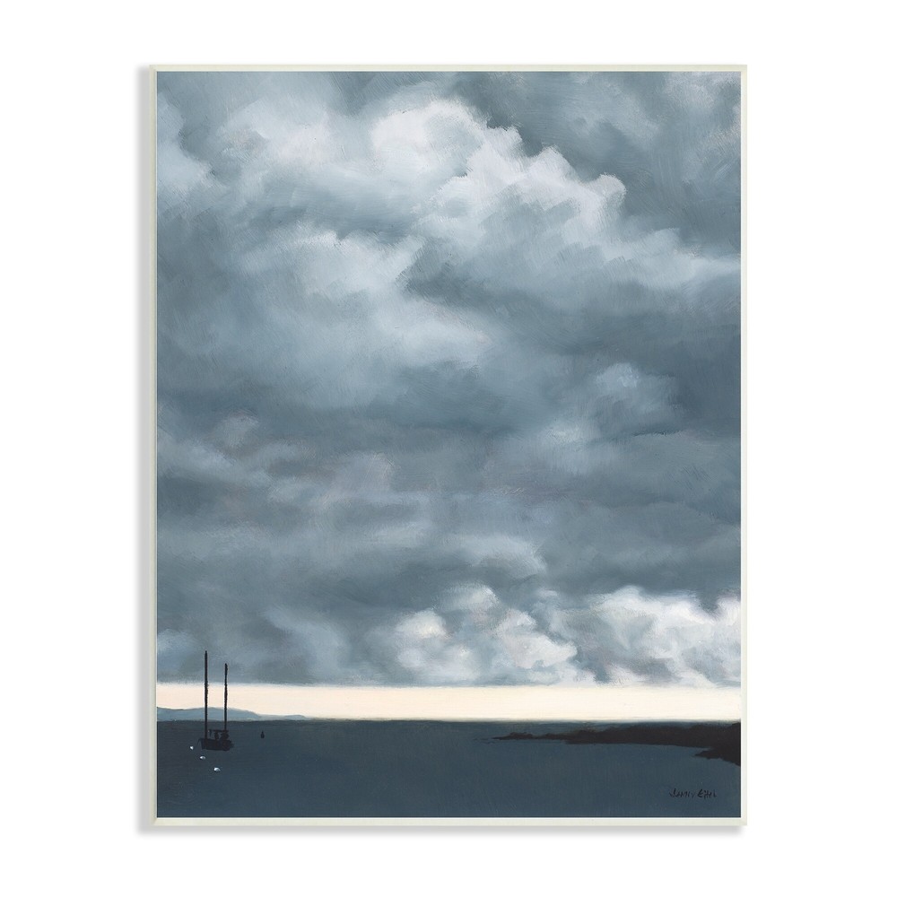 Stupell Heavy Overcast Clouds Looming Ocean Water Boat Wood Wall Art - Grey