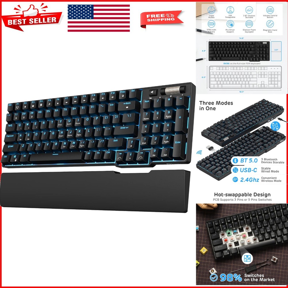 Compact BT5.0 Ergonomic 96-Key Mechanical Keyboard with Blue Backlight & Wrist Rest