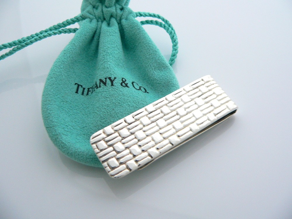 Tiffany & Co Silver Weave Money Clip Gift Pouch with Textured Design
