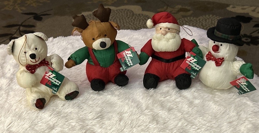 VTG Plush Ornaments (4) Happy Holidays Bear Reindeer Santa Snowman 1995