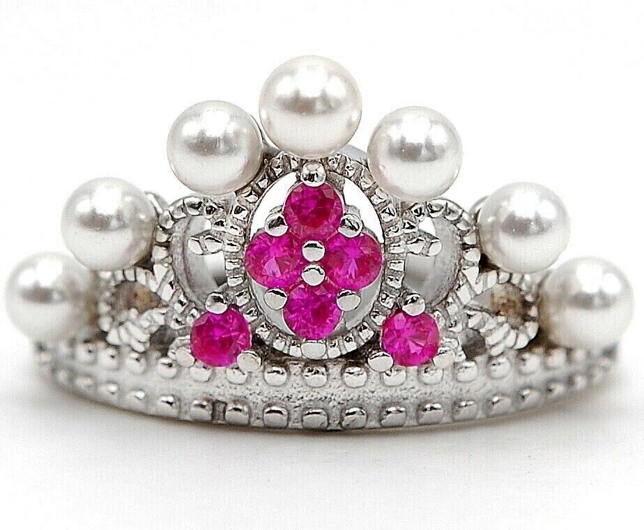 Sterling Silver Tiara Ruby & Freshwater Pearl Ring Size 6 I2-5