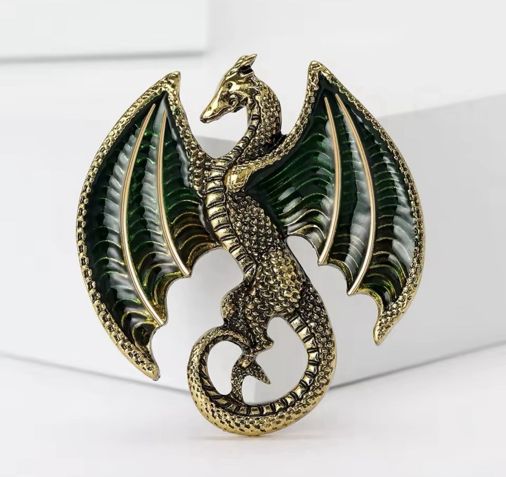Vintage Gold Green Flying Dragon Brooch Retro Enamel Antique Badge Gift