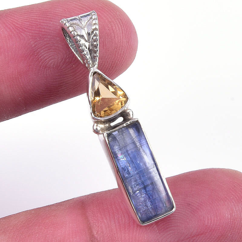 Natural Kyanite Citrine 925 Sterling Silver Pendant 1.25 Inch