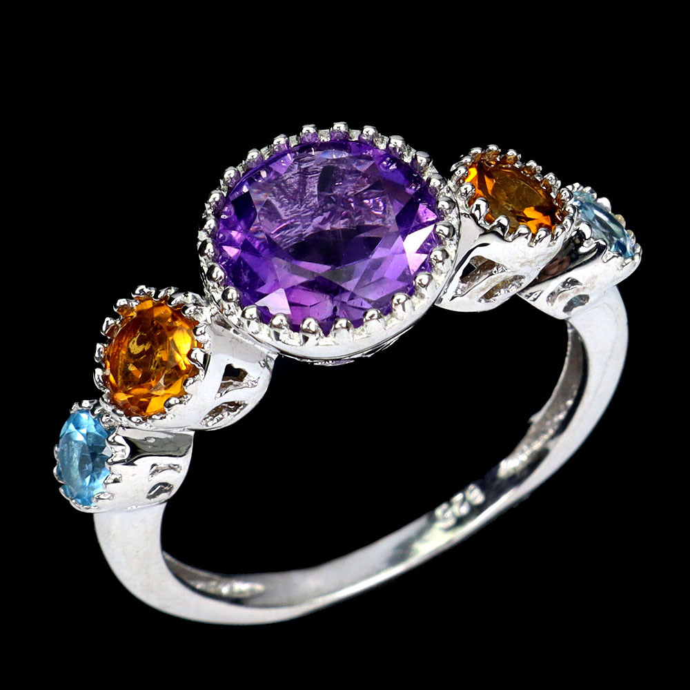 925 Sterling Silver Ring with Amethyst Citrine Topaz Gemstones Size 7
